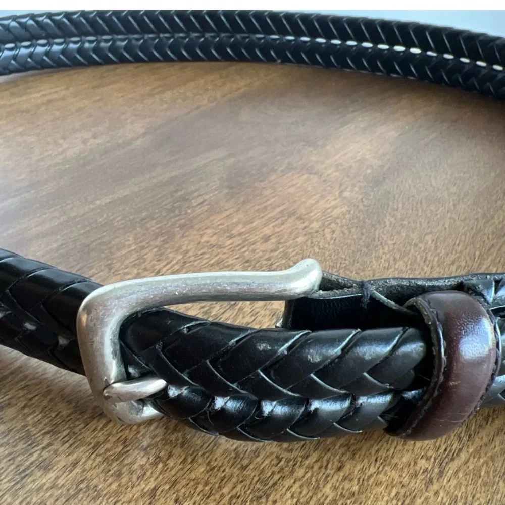 Fossil Belt Sz 95/38 Black Genuine Leather Silver Tone Buckle Braided MB3040001